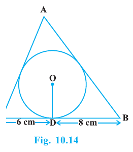 Triangle ABC circumscribing a circle of radius 4 centimetres with CD 6 centimetres and DB 8 centimetres.