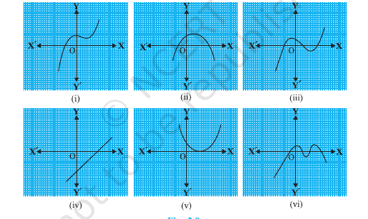 Six polynomial graphs labelled i to vi, showing one, two, three, one, one and four x-axis intersections respectively.