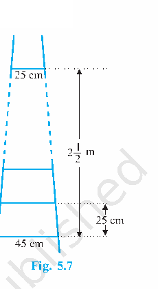 Ladder with rungs 25 centimetres apart and widths decreasing from 45 to 25 centimetres.