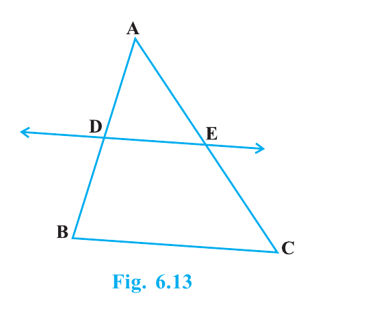 Triangle ABC with D on AB, E on AC, and line DE parallel to BC.