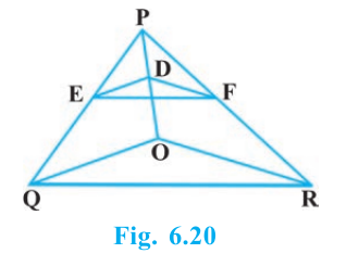 Triangle PQR with E on PQ, F on PR, D on PO, and segments DE, DF, EF and OQ, OR shown.