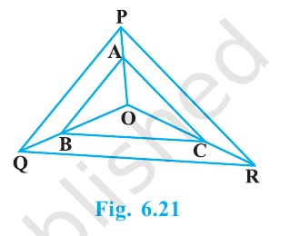 Triangle PQR with A on OP, B on OQ and C on OR, with AB parallel to PQ and AC parallel to PR.