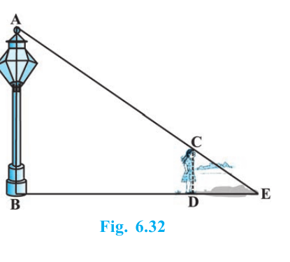 A lamp-post AB, a girl CD, and the shadow DE along the same ground line.