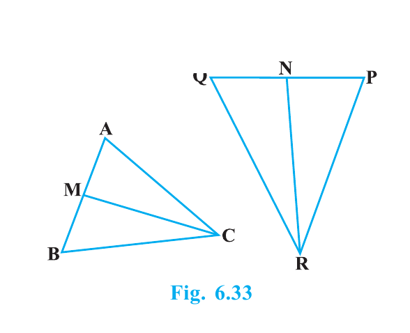 Similar triangles ABC and PQR with medians CM and RN respectively.