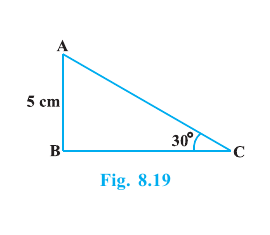 Right triangle ABC, right-angled at B, with AB 5 centimetres and angle C equal to 30 degrees.