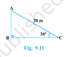 A 20 metre rope AC tied from the top of pole AB to the ground at C, making a 30 degree angle.
